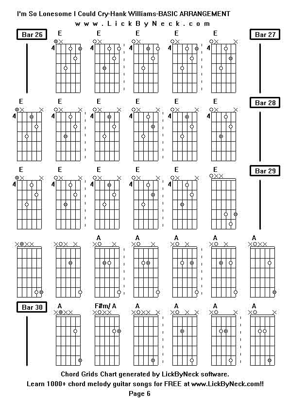 Chord Grids Chart of chord melody fingerstyle guitar song-I'm So Lonesome I Could Cry-Hank Williams-BASIC ARRANGEMENT,generated by LickByNeck software.